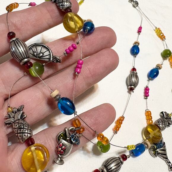 Chicos Beaded Charm Necklace & Earrings Set Cocktail Party Fruit Theme 3 Strand - Picture 3 of 8